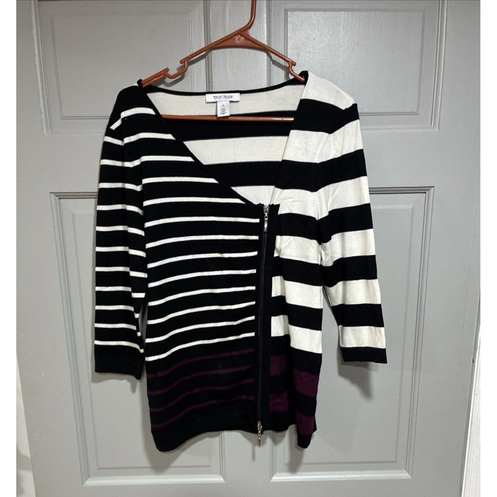 WBHM  Womens Sweater Stripes Cardigan Medium Front Zipper 3/4 Sleeves Casual